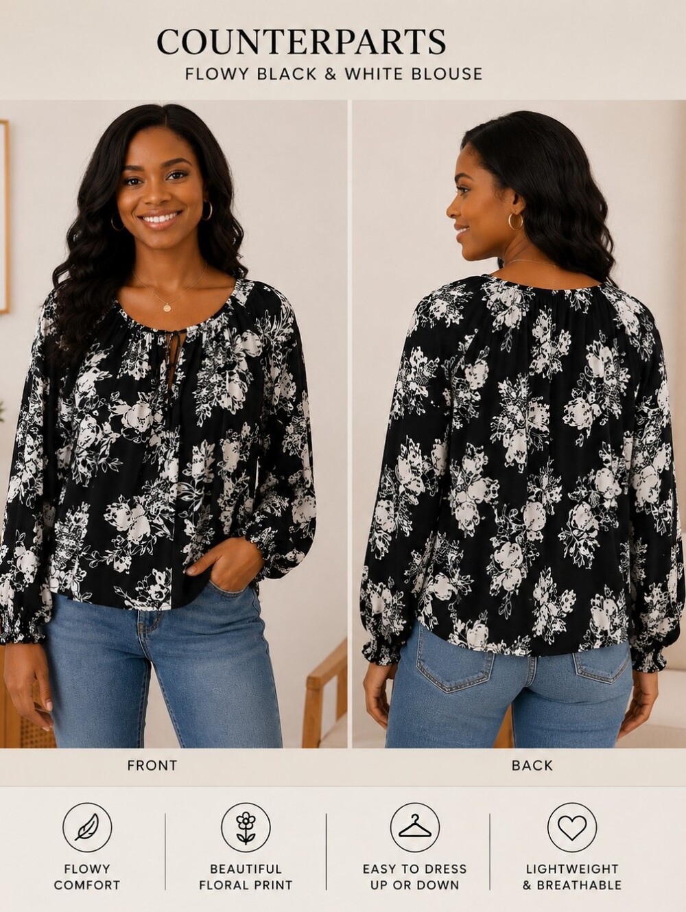 Counterparts Black & White Floral Flowy Blouse XL NWT